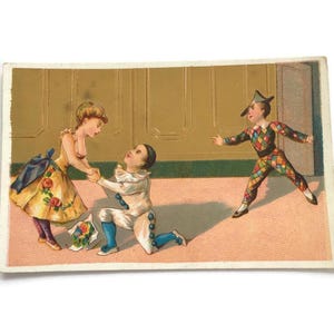 Antique Victorian Trade Card – Pierrot, Young Lady & Harlequin – 19th Century Lithograph