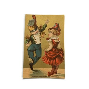 Vintage französische Handelskarte – viktorianische tanzende Kinder, Werbedruck des 19
