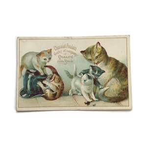 Antike französische Werbekarte - Chocolat Poulain Kätzchen - Viktorianische Katzen Ephemera [um 1880er Jahre]
