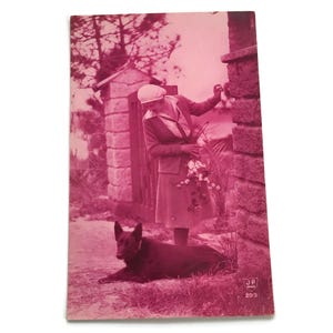 Antica cartolina francese – Donna con cane al cancello del giardino, foto monocromatica rosa, circa anni '20
