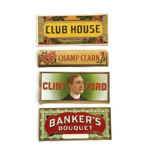 Antique Cigar Box Labels Set - Vibrant Lithographs - Club House, Champ Clark, Clint Ford & Banker&#39;s Bouquet