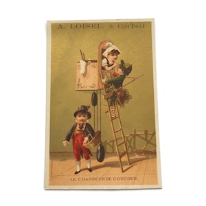 Carte de commerce française ancienne – Enfants avec horloge coucou – Éphémères victoriens ludiques, c.1890
