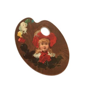 Antike französische Handelskarte – Künstlerpalette mit Red Bonnet Girl, 1880er Jahre