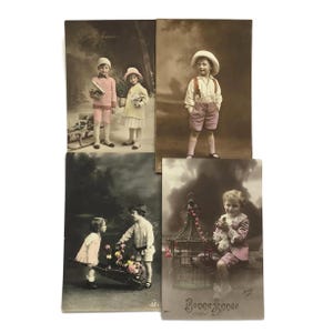 Set van 4 Franse ansichtkaarten – handgekleurde antieke fotokaarten – Bonne Année-kinderserie begin jaren 1900