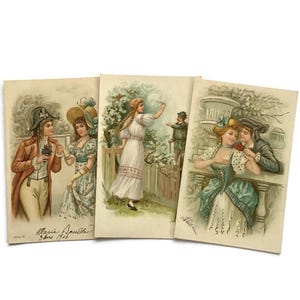 Cartoline romantiche antiche – Scene di coppia dell'epoca edoardiana – Sentimenti francesi – Set di 3 effimere del 1900