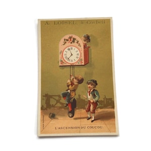 Antike Französische Kaufmannskarte – Kinderuhr und Kuckucksuhr – Verspielte Werbetafel, Ephemera, um 1890