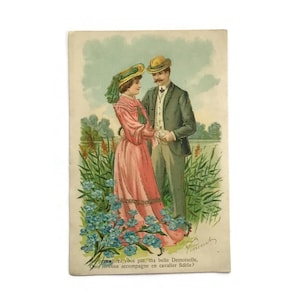 Antica cartolina francese in rilievo – Coppia romantica in giardino – Inizio del 1900