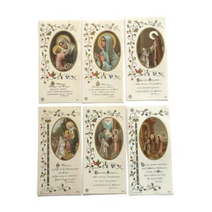 Set van 6 vintage communiekaarten – vergulde bloemenranden en devotiescènes