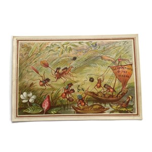 GERESERVEERD voor Laren, 21 juni antieke Victoriaanse insectenkaart – Chromolithografie met insectenbootscène – grillige fantasie-ephemera ca. 1890s