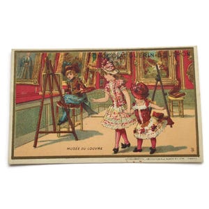 Antike Handelskarte – Mädchen malen in Pariser Kunstgalerie (Musée du Louvre)