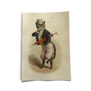 RESERVED for JENNIFER June 23 th  Antique Anthropomorphic Cat Card – 19th Century Dressed Cat Lithograph with Umbrella – Ephemera