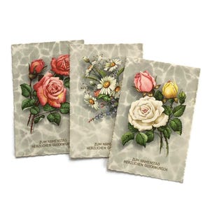 Set mit 3 Vintage österreichischen Blumenpostkarten - Zum Namenstag Grußkarten, Botanische Druckserie