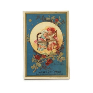 Vintage French Trade Card - Playful Babies Under the Moon, Labbey & Cie Paris