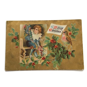 Antique Christmas Postcard | Embossed Victorian Child & Holly | 1900s Holiday Card