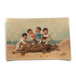 Antique French Chromo Card – Children Riding a Turtle by the Sea – c.1890s