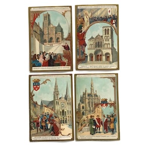 Set mit 4 Antiken französischen Schokoladenhandelskarten - Kathedralen-Serie - Werbekarten aus dem 19