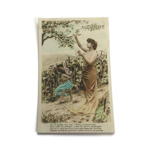 Art Nouveau-briefkaart 'Automne' – met de hand gekleurd herfsttafereel met gedicht – Franse fantasiekaart 1905