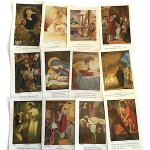 Gravures religieuses allemandes vintage - Lot de 12 cartes saintes illustrées - Art catholique narratif avec une très légère usure
