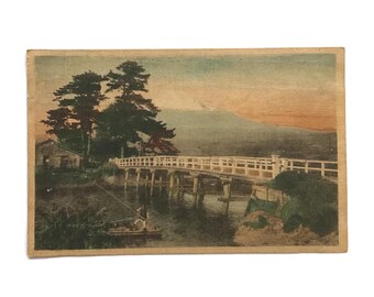 Antique Japanese Wooden Postcard – Hand-Colored Landscape with Bridge – Early 1900s