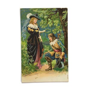 Cartolina d'epoca – Scena di romanzo cortese – Cavaliere inginocchiato davanti a una dama – Rinascimento – Cartolina tedesca in rilievo – circa anni '10