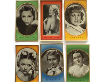Set of 6 Vintage Actress Cigarette Cards – 1930s Black & White Portraits – Miniature Movie Star Ephemera