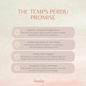 The image is a text-based graphic that provides a promise to customers at a shop. It includes four promises: offering authentic antique and vintage pieces, providing honest descriptions and clear photos, ensuring safe and careful packaging, and offering thoughtful curation with heart.