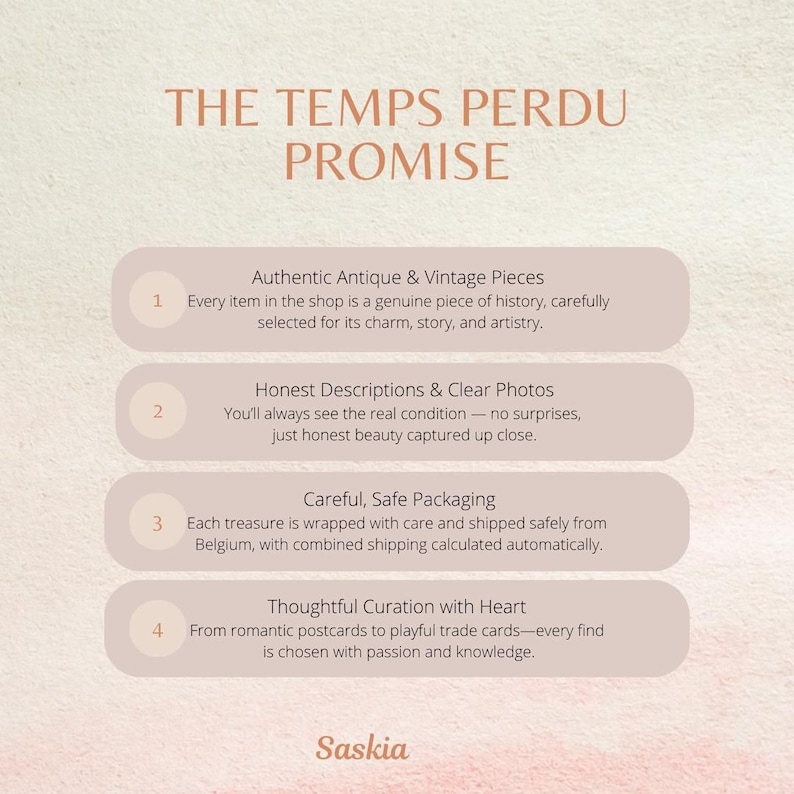 The image is a text-based graphic that provides a promise to customers at a shop. It includes four promises: offering authentic antique and vintage pieces, providing honest descriptions and clear photos, ensuring safe and careful packaging, and offering thoughtful curation with heart.