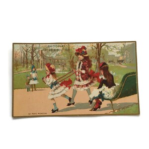 Antike französische Handelskarte – Guérin-Boutron Chocolat, Spielende Mädchen im Parc Monceau, 19.Jahrhundert, Ephemera-Werbung