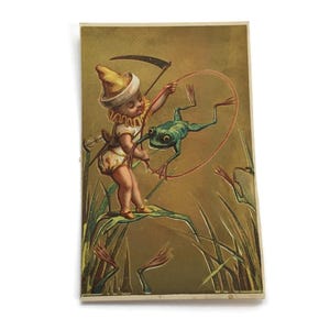 GERESERVEERD voor LAREN 2e JULI Antieke Franse Trade Card – Fantasiescène baby vangen kikker uit de 19e eeuw