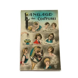 Carte postale française vintage « Langage des coiffures » des années 1900 - Illustration humoristique de coiffures - Art de la mode parisienne - Antiquités éphémères Français