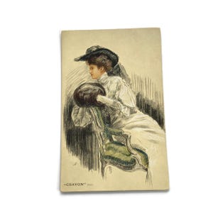 Ancienne carte postale édouardienne de dame - série de crayons de Tuck, illustration de mode vintage, éphémères Art nouveau