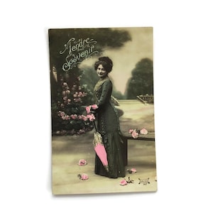 Tendre Souvenir ansichtkaart – Vintage 1911 Franse dame portret – Handgekleurde parasol en rozen – Dales-serie
