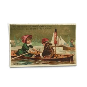 Vintage französische Handelskarte Chocolat Louit – viktorianische Werbe-Ephemera, Kinder im Boot
