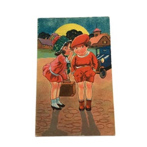 Postal holandesa antigua: escena infantil caprichosa, ilustración de los años 30