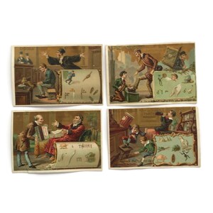 Set mit 4 Antiken französischen Werbekarten • Ephemera Sammlerstück • Handelskarten des 19.Jahrhunderts • Schokoladenpreislisten • um 1890er Jahre