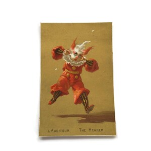 GERESERVEERD voor SUZIE 18 JUNI antieke Franse kaart – personage rode clown "The Hearer" – humoristische kunst, ca. 1890s