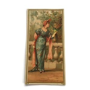 Antique Trade Card – Elegante dame met papegaai – Victoriaanse mode – Efemere reclameadvertenties in reliëf – Lithografiedruk voor verzamelobjecten
