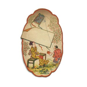 Cartão de menu francês antigo - Cena de pipa com toque japonês - Journal des Demoiselles - Paris Ephemera c.1900