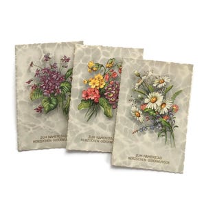 Set mit 3 Vintage österreichischen Blumenpostkarten - Zum Namenstag Grußkarten, Botanische Druckserie