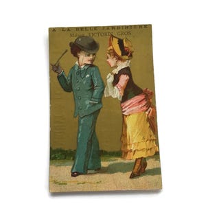 Antique French Trade Card – Victorian Fashion Illustration, 19th Century Lithograph