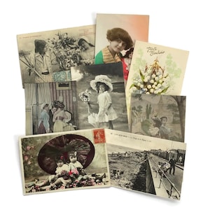 Lot de cartes postales anciennes - Éphémères français des années 1900, enfants, fleurs, mode, scène de rue - Lot de 8