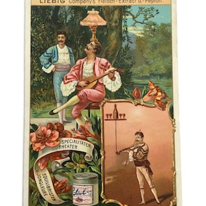 Antieke Duitse Trade Card, bloemdessin, theaterscène, bloemdessin (jaren 1890)