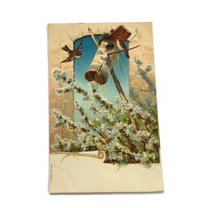 Antike geprägte Vogel Postkarte – Schwalben und Blüten – Vintage Frühlingskunstkarte – Unbenutzte deutsche Postkarte