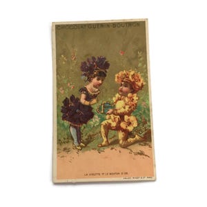 Carta commerciale antica – Violette e bambini ranuncolo – Cromolitografia vittoriana francese