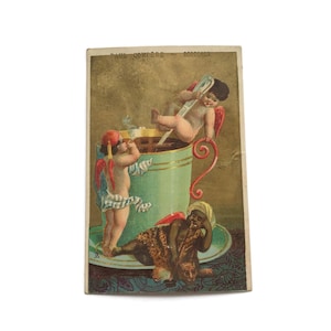 RESERVADO para ADRIENNE 27 de junho Cartão de visita francês antigo – Crianças querubins com café ou chocolate quente – Paul Compère Bordeaux, c.1900