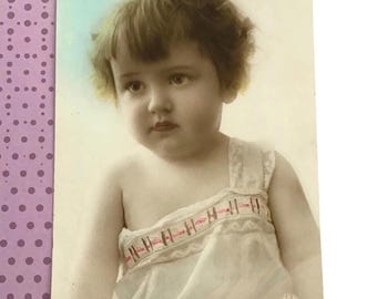 Antique Baby Portrait Postcard – Hand Tinted Child Photo, Belgian Stamp & Message c.1923