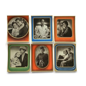 Set van 6 vintage Bunte Filmbilder-sigarettenkaarten uit de jaren 1930 – Duitse filmsterren met kleurranden – Ross Verlag-filmmomenten