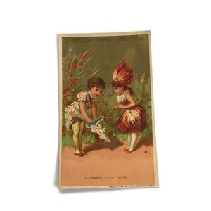 Antieke Franse Trade Card - Kinderen in bloemenkostuums, print van Reseda en tulp, jaren 1890