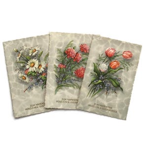 Set van 3 vintage Oostenrijkse ansichtkaarten met bloemen – Zum Namenstag-wenskaarten, botanische printserie