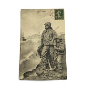 Postal vintage de 1920 – "Jours Meilleurs" Le Portel – Tributo al pescador e hijo